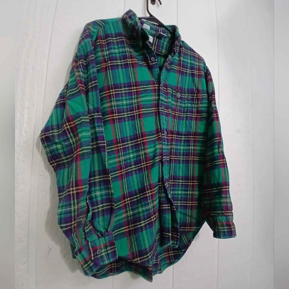 VTG 90s IZOD 100% Cotton Green Plaid Men's Shirt-L